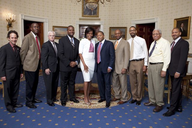 Photo courtesy of The White House. The White House Jazz Studio with education events produced by Jazz at Lincoln Center June 15, 2009 and coordinated by Erika Floreska, Director of Education, Jazz at Lincoln Center (L-R) Eli Yamin, Todd Williams, Stephen Massey, Sean Jones, First Lady Michelle Obama, Wynton Marsalis, Artistic Director, Jazz at Lincoln Center, Branford Marsalis, Jason Marsalis, Ellis Marsalis, Delfaeyo Marsalis